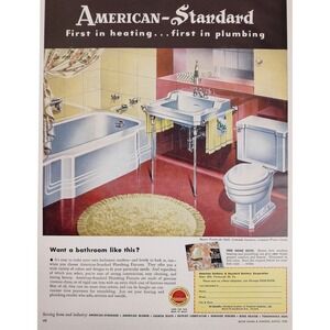 1950 American Standard Bathroom Yellow Red White MCM Classic Style Vtg Print Ad